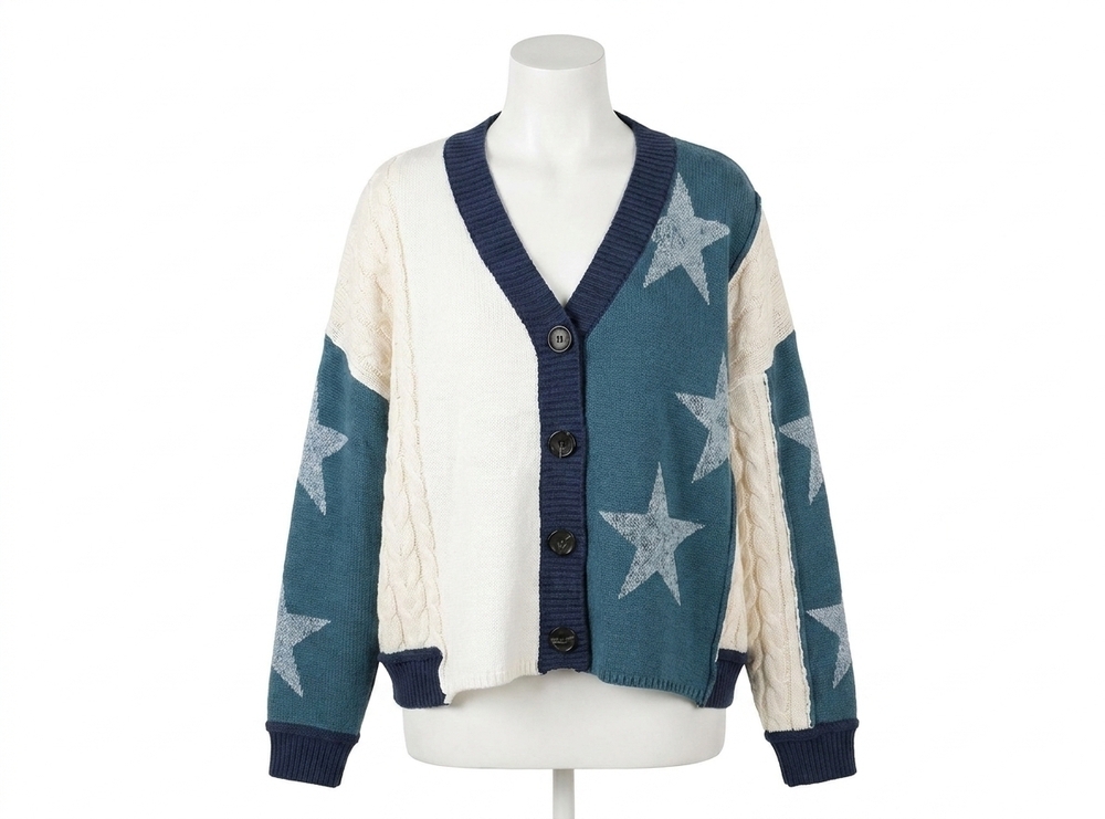 NEW POL star color block cropped cardigan in forest/navy
